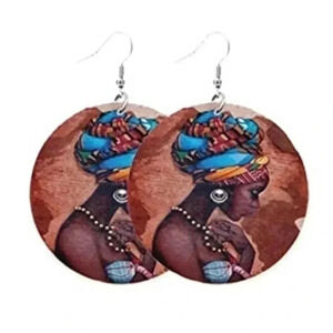 Teal Circle Ethnic Women’s Ladies Large Wood Wooden Drop Earrings NWT